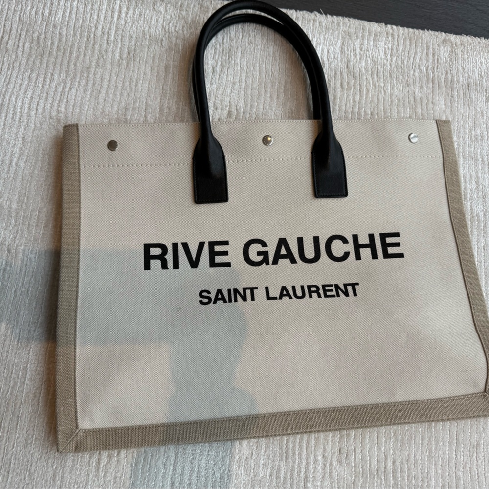 Saint Laurent Rive Gauche Canvas Tote - Cream and Black